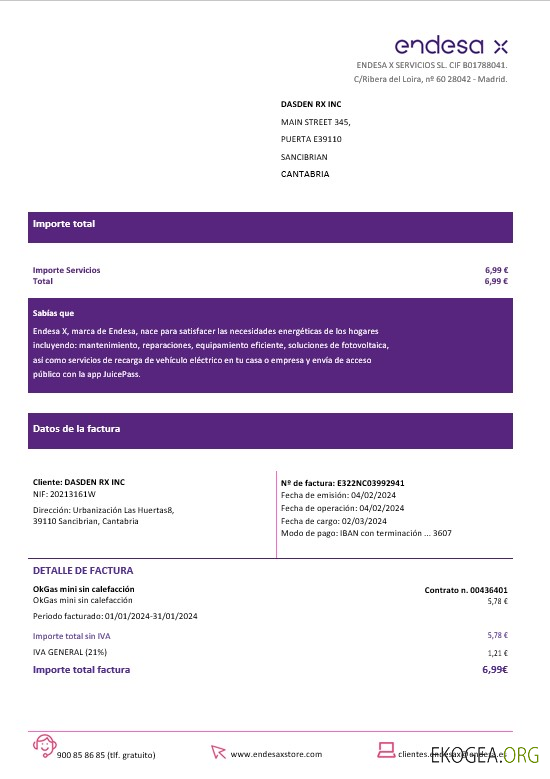 Espagne Barcelone Endesa X facture de services publics pour les entreprises d'électricité Formats Word et PDF